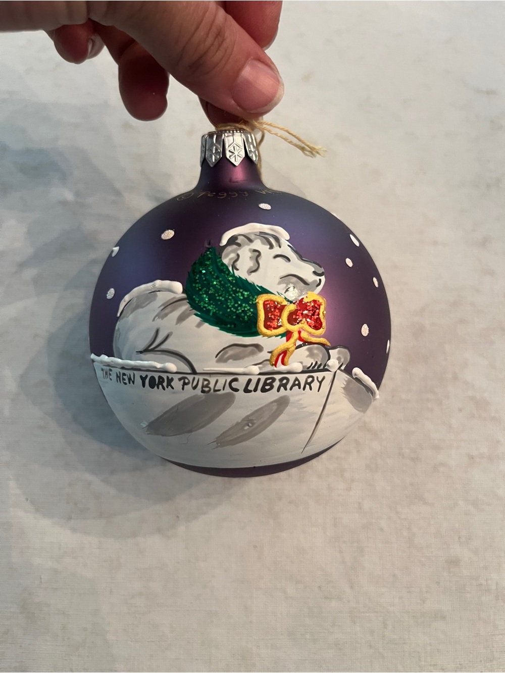 Vintage handpainted Peggy Walz Purple polka dot NYC library Glass Ornament.